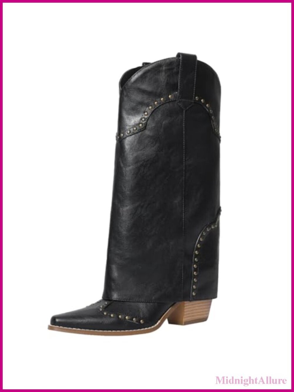 Faux Leather Knee High Cowboy Boots Fold Over Block Heel Pull On